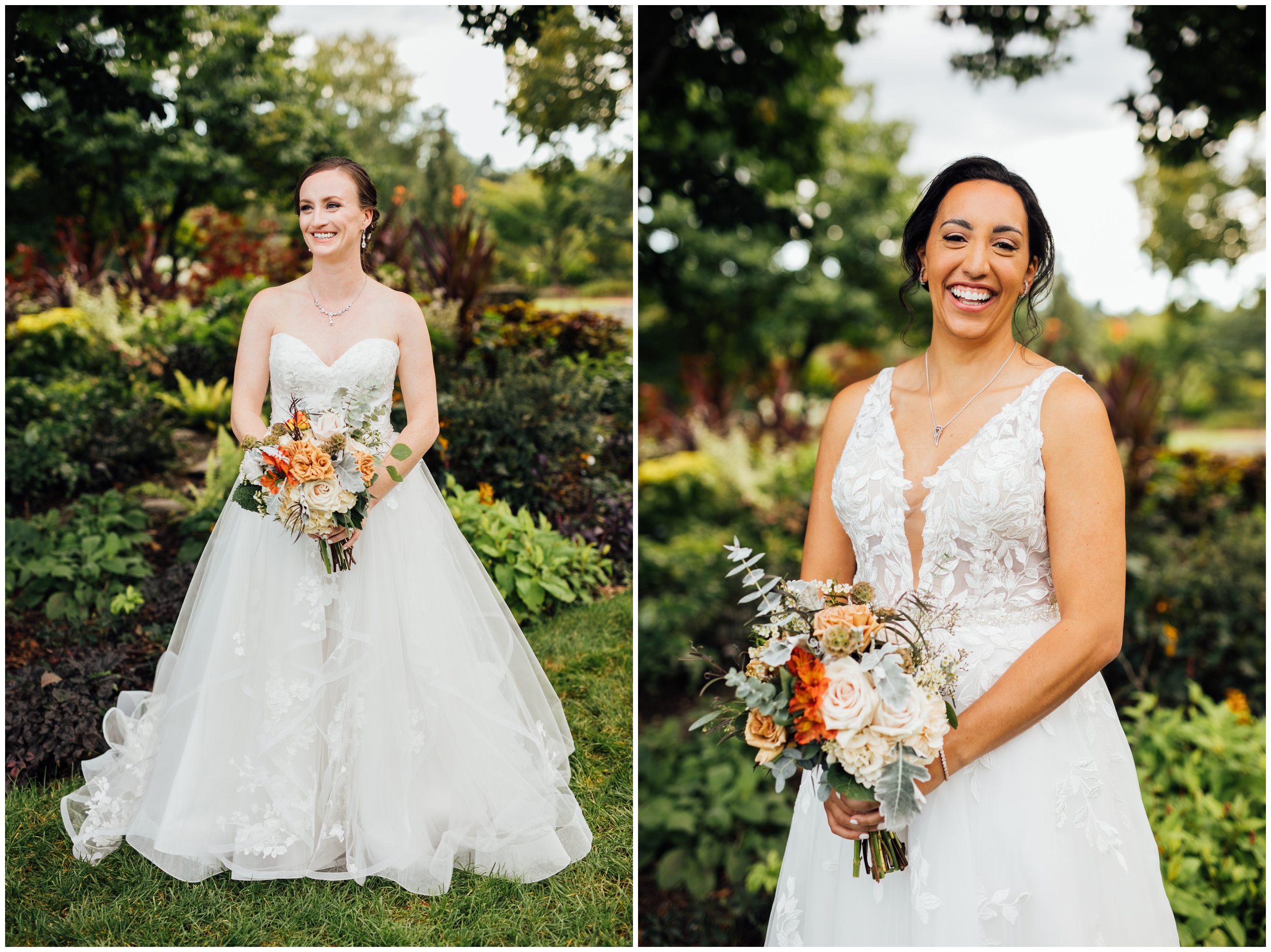 Two brides holding bouquets in the gardens at New England Botanic Garden at Tower Hill during their same sex wedding